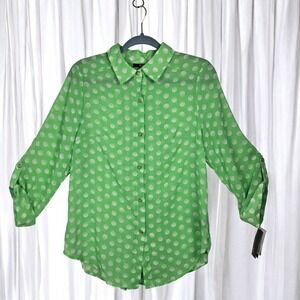 Sheer Green Polka Dot Button Down Shirt Woman Medium Long Sleeve Roll Tab Casual